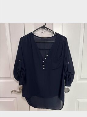 Foreign Exchange Navy V-Neck Button Pullover Blouse